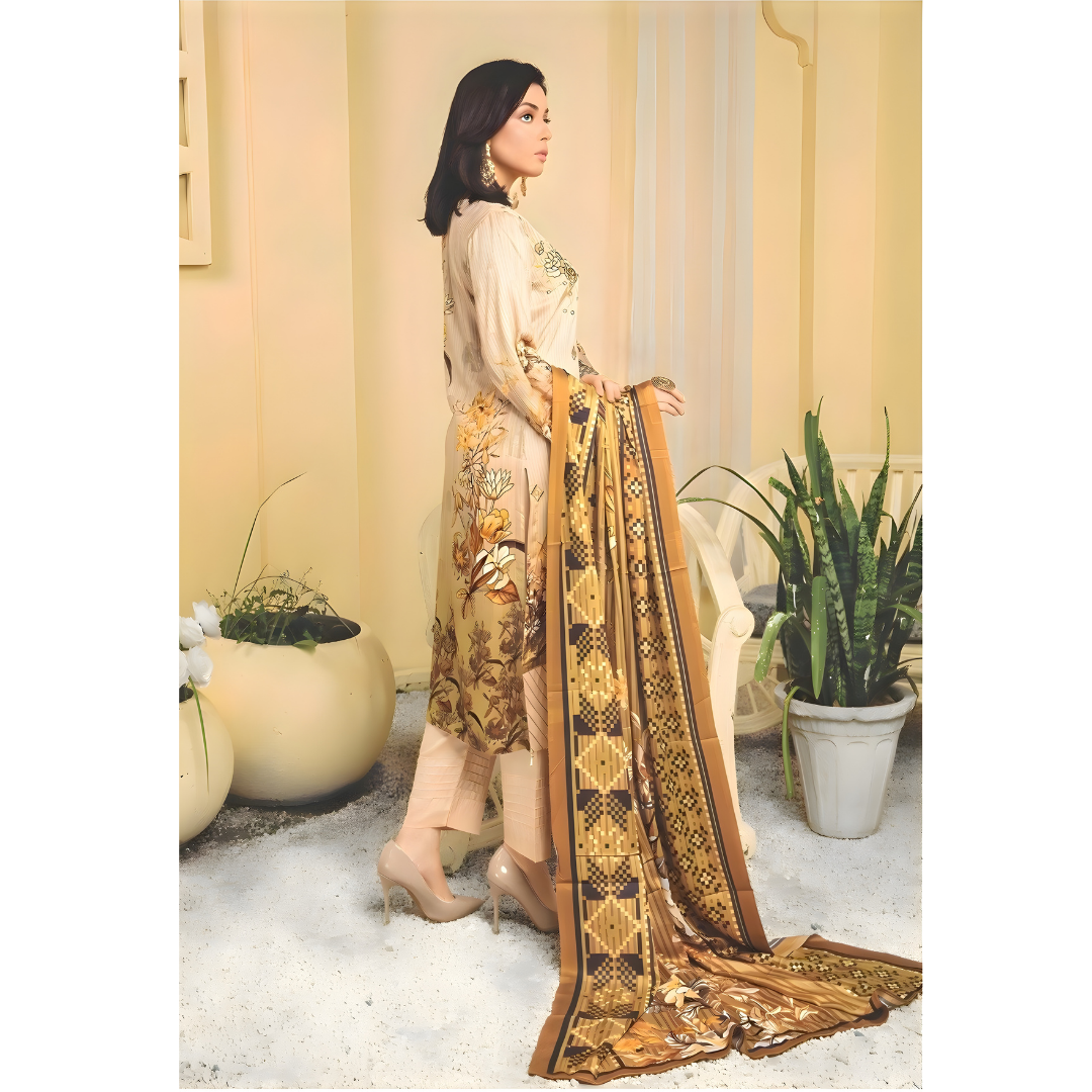 Dziris Golden Beige Digital Cotray Embroidered Unstitched 3-Piece Suit
