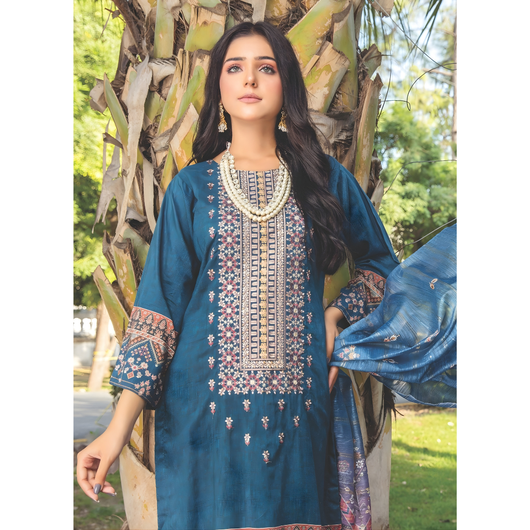 Teal Blue Digital Viscose Embroidered Unstitched 3-Piece Suit