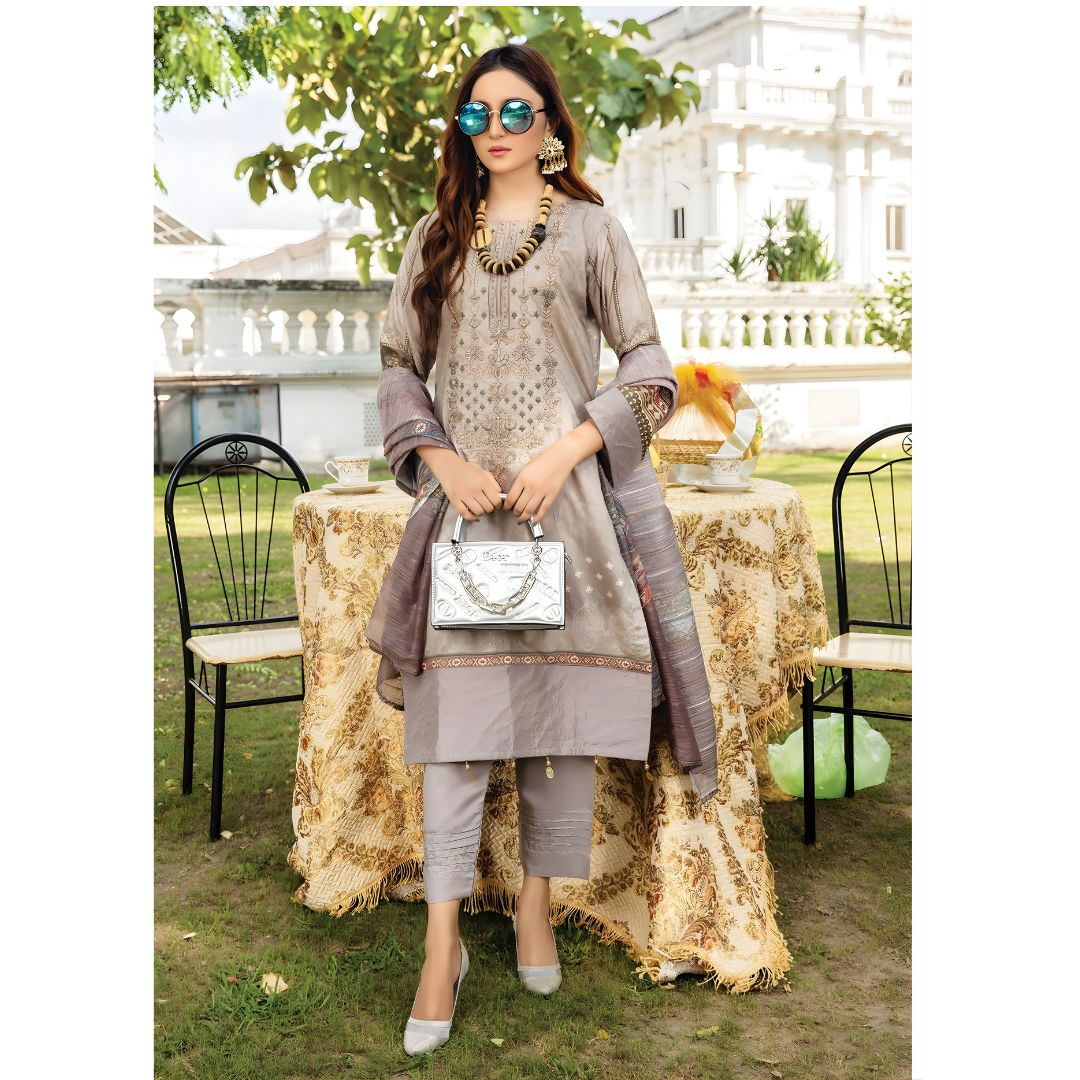 Taupe Digital Viscose Embroidered Unstitched 3-Piece Suit