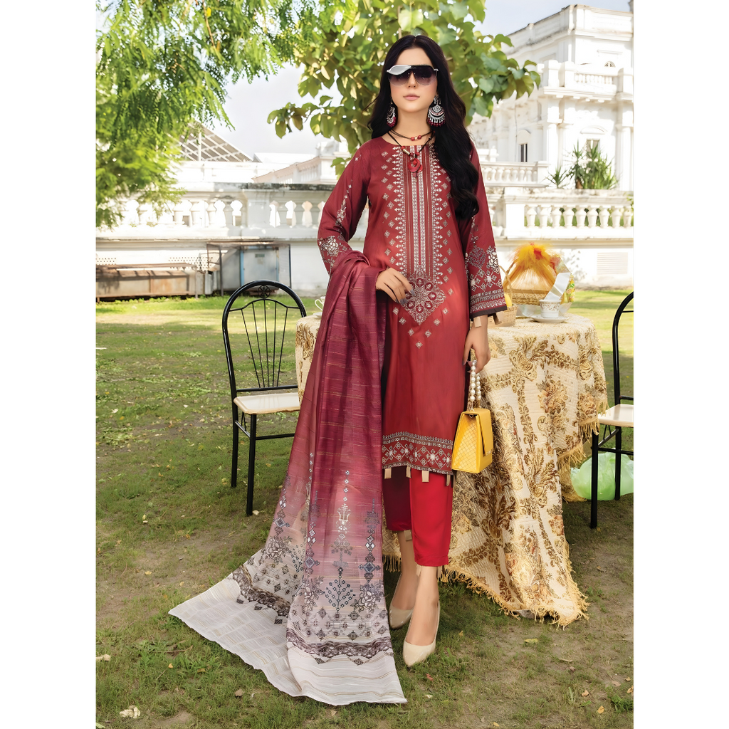 Dziris Maroon Digital Viscose Embroidered Unstitched 3-Piece Suit