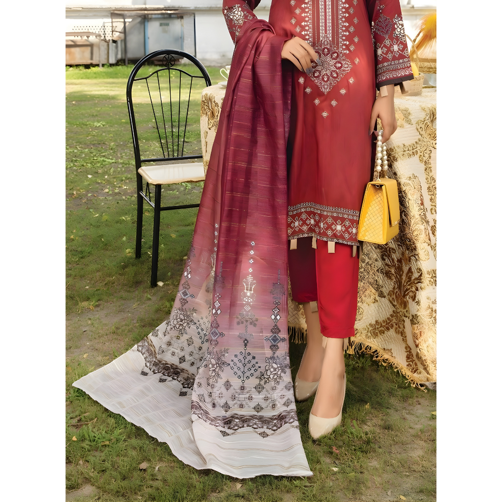 Dziris Maroon Digital Viscose Embroidered Unstitched 3-Piece Suit