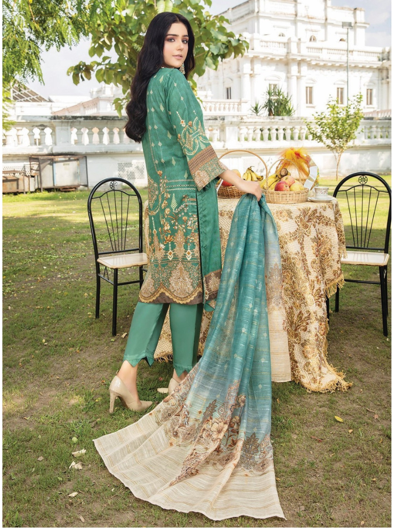 Emerald Green Digital Viscose Embroidered 3-Piece Unstitched Suit