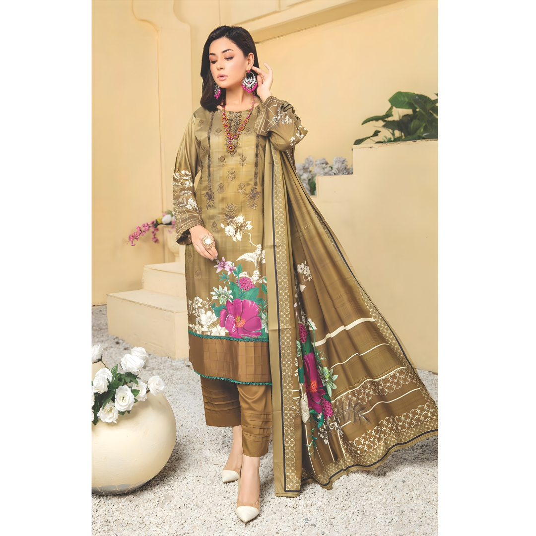 Dziris Olive Floral Digital Cotray Embroidered Unstitched 3-Piece Suit