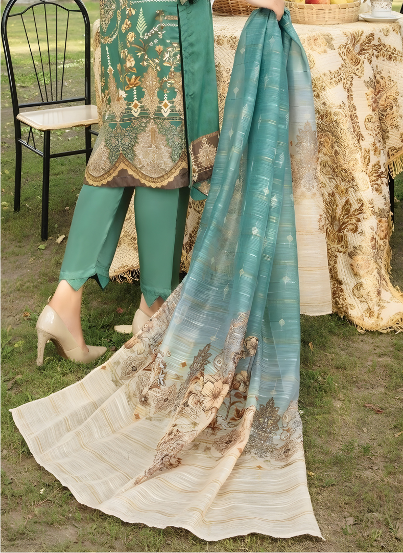 Emerald Green Digital Viscose Embroidered 3-Piece Unstitched Suit