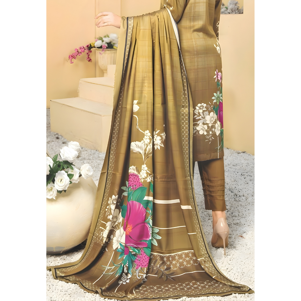 Dziris Olive Floral Digital Cotray Embroidered Unstitched 3-Piece Suit