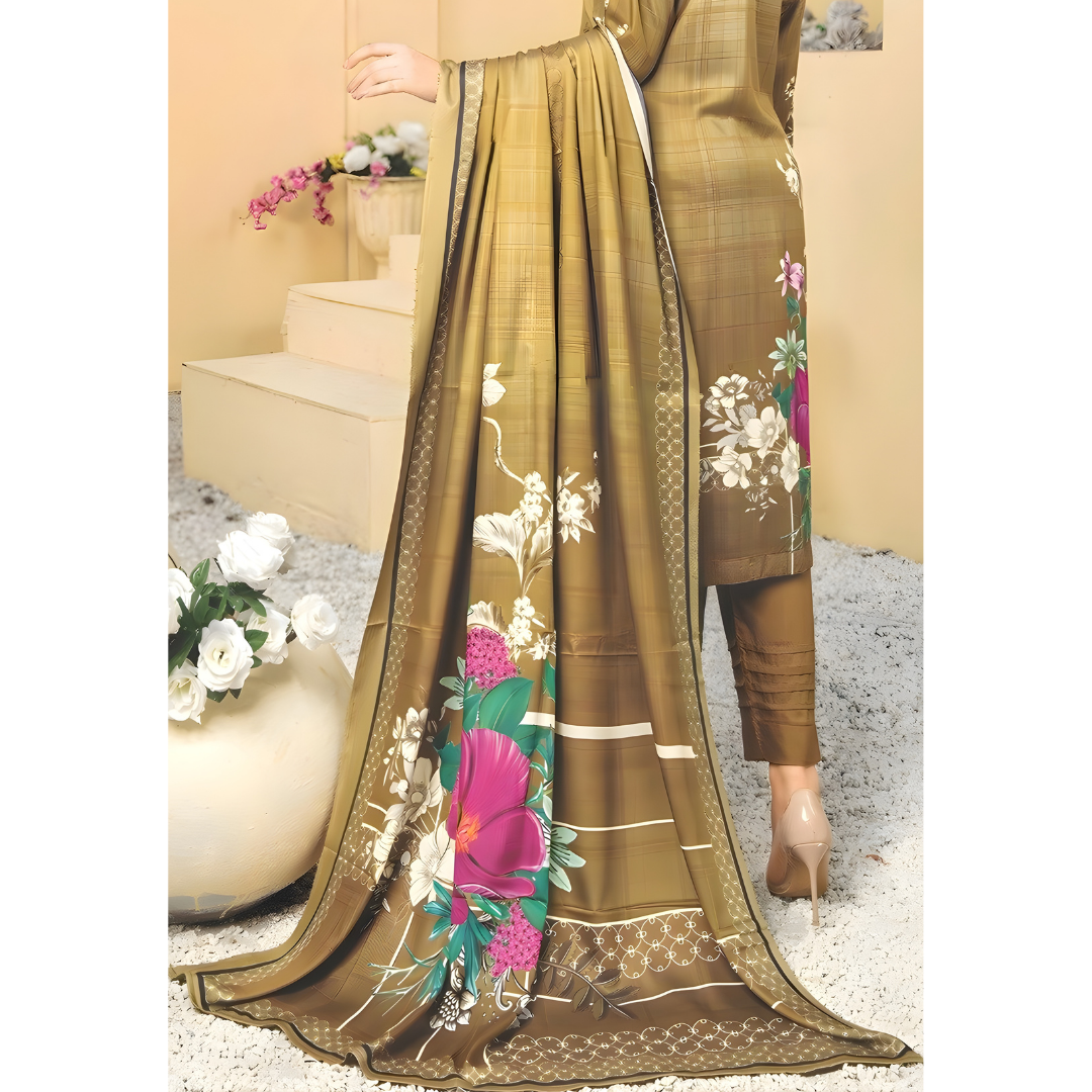 Dziris Olive Floral Digital Cotray Embroidered Unstitched 3-Piece Suit