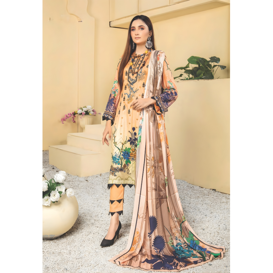 Dziris Peach Bloom Digital Cotray Embroidered Unstitched 3-Piece Suit