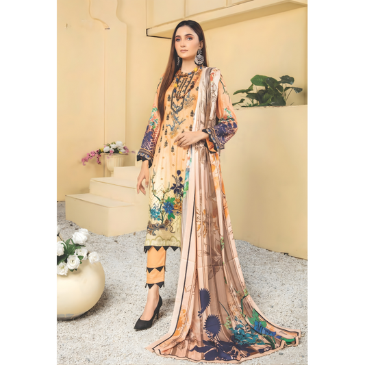 Dziris Peach Bloom Digital Cotray Embroidered Unstitched 3-Piece Suit