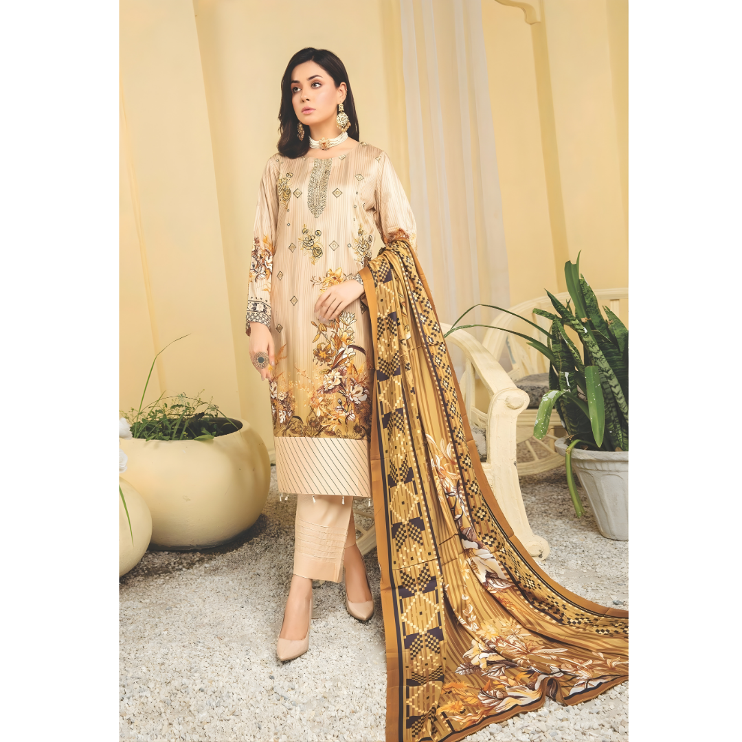 Dziris Golden Beige Digital Cotray Embroidered Unstitched 3-Piece Suit