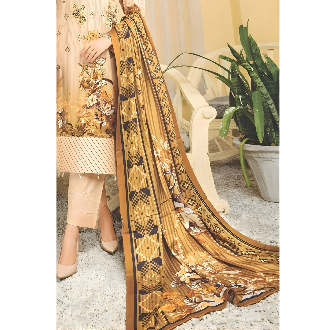 Dziris Golden Beige Digital Cotray Embroidered Unstitched 3-Piece Suit