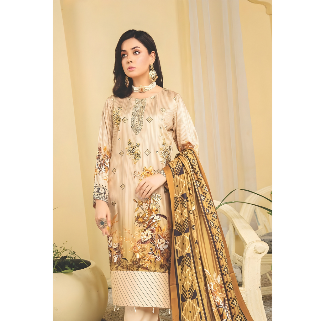 Dziris Golden Beige Digital Cotray Embroidered Unstitched 3-Piece Suit