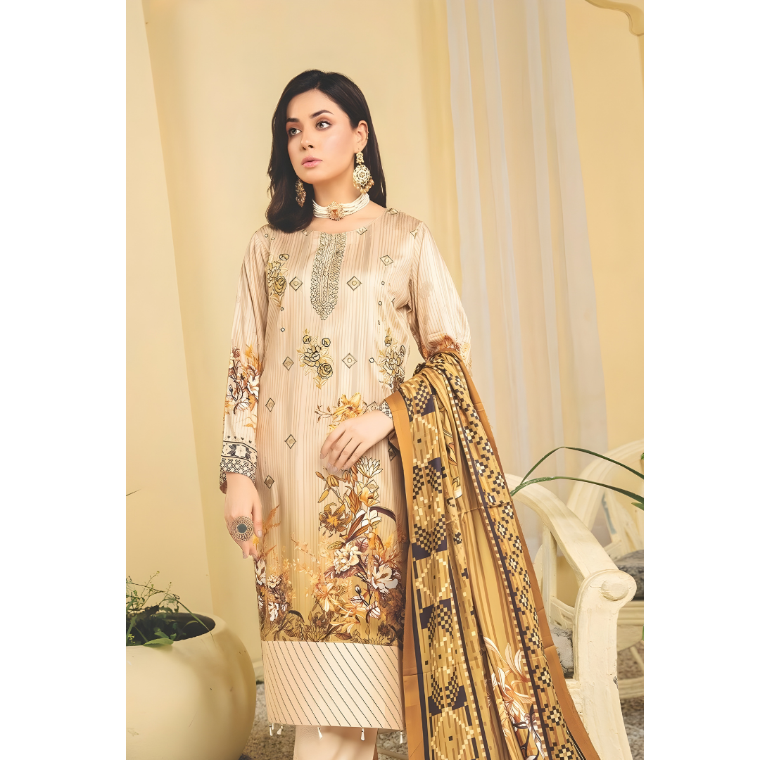 Dziris Golden Beige Digital Cotray Embroidered Unstitched 3-Piece Suit