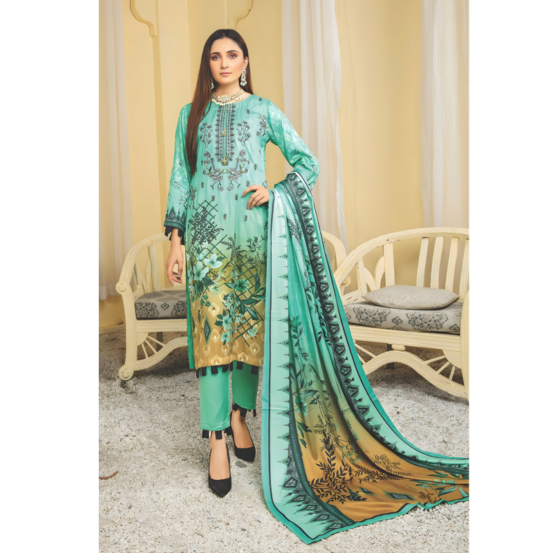 Dziris Aqua Bloom Digital Cotray Embroidered Unstitched 3-Piece Suit