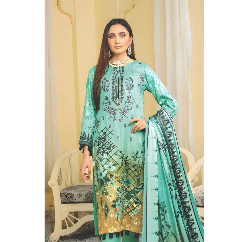 Dziris Aqua Bloom Digital Cotray Embroidered Unstitched 3-Piece Suit