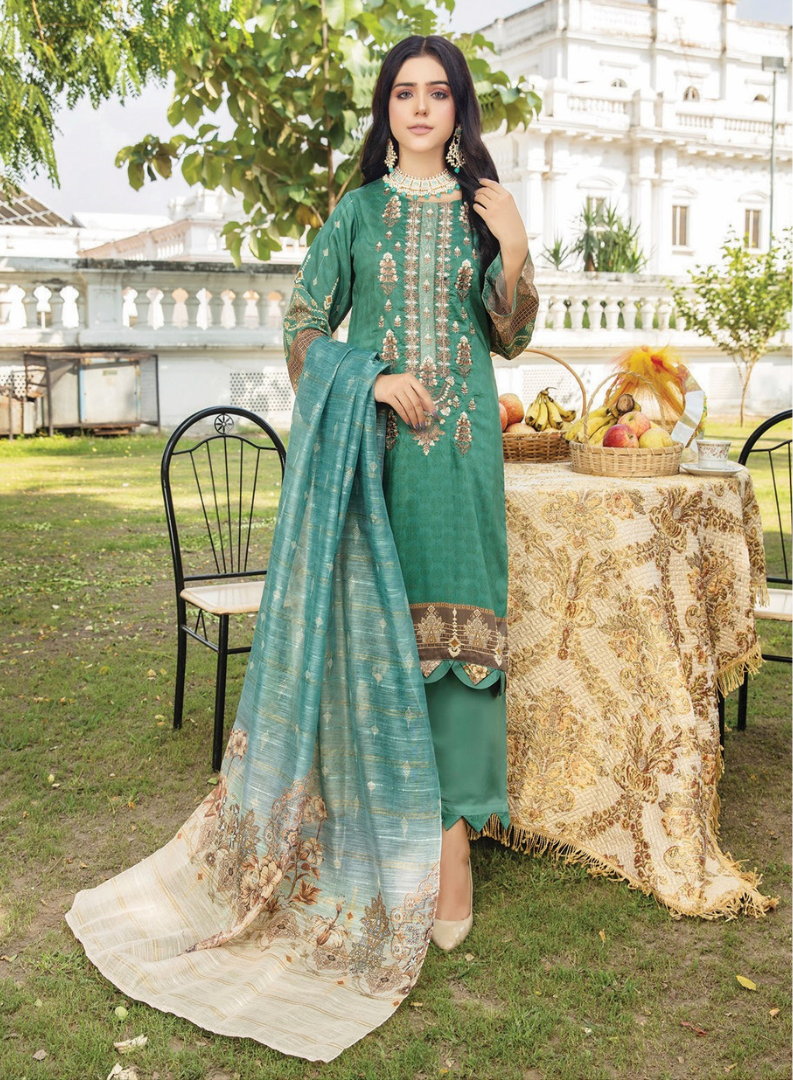 Emerald Green Digital Viscose Embroidered 3-Piece Unstitched Suit