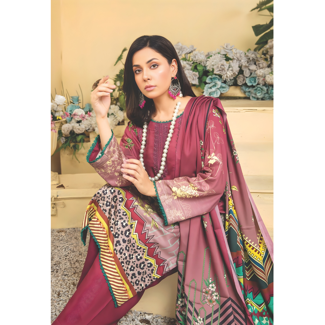 Dziris Plum Charm Digital Cotray Embroidered Unstitched 3-Piece Suit