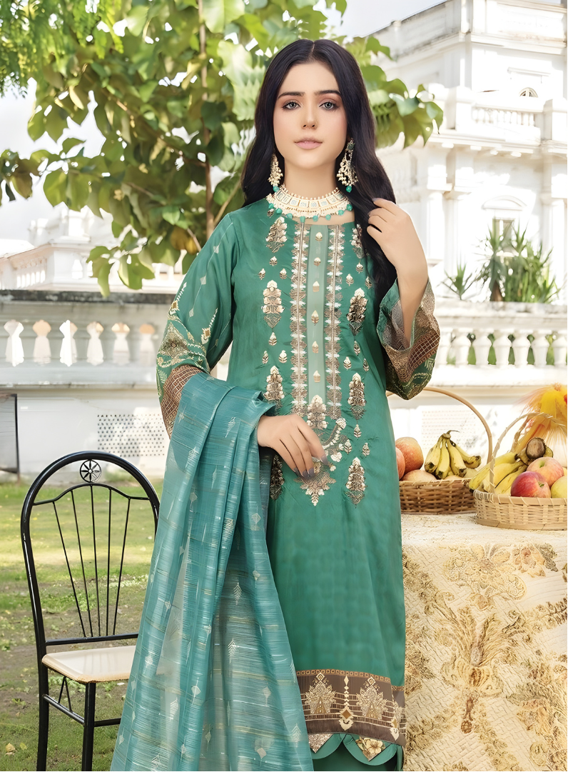 Emerald Green Digital Viscose Embroidered 3-Piece Unstitched Suit