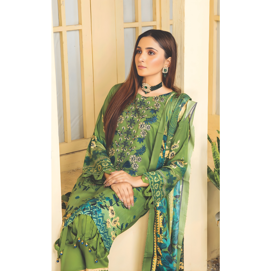Dziris Meadow Green Digital Cotray Embroidered Unstitched 3-Piece Suit
