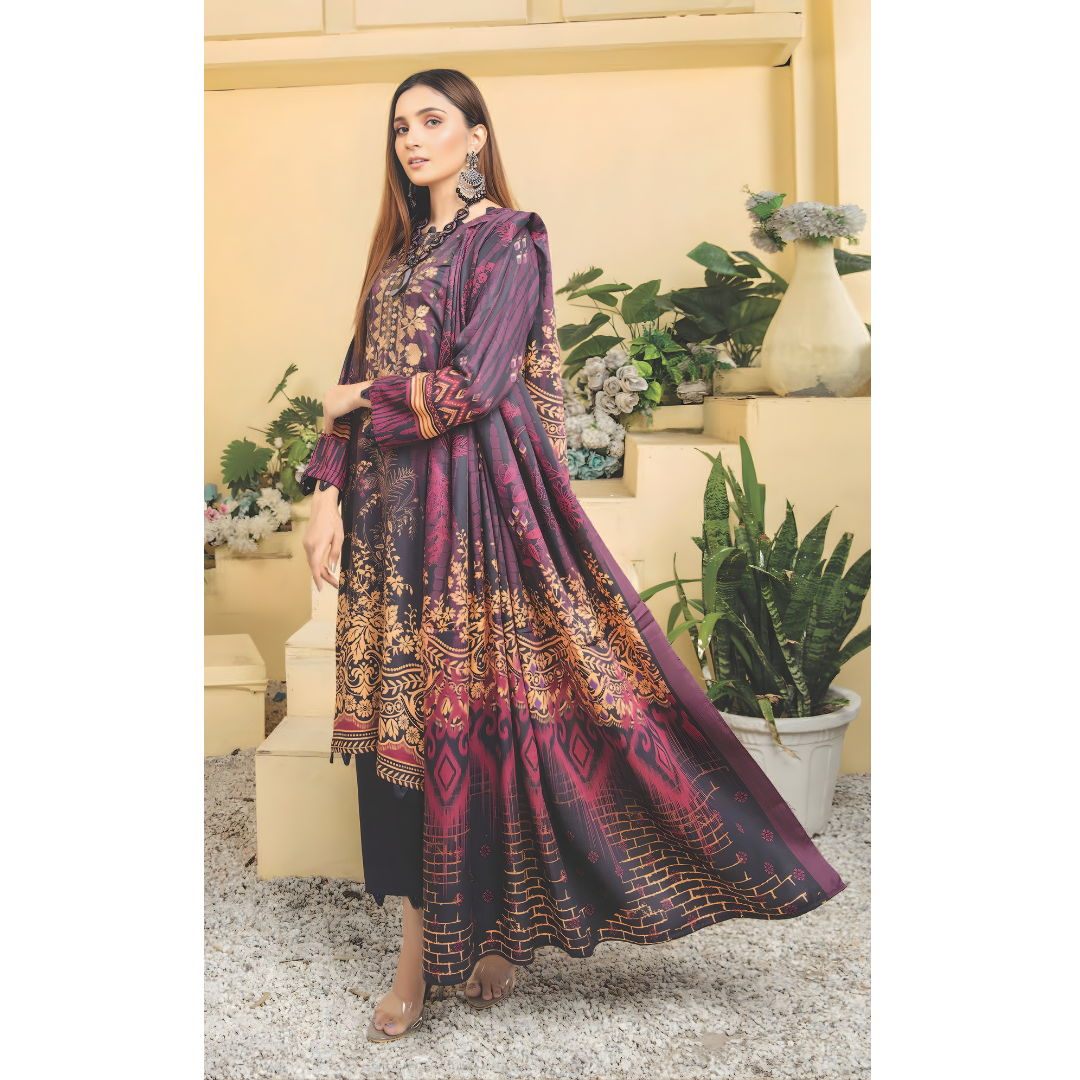 Dziris Plum Gold Digital Cotray Embroidered Unstitched 3-Piece Suit