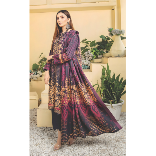 Dziris Plum Gold Digital Cotray Embroidered Unstitched 3-Piece Suit