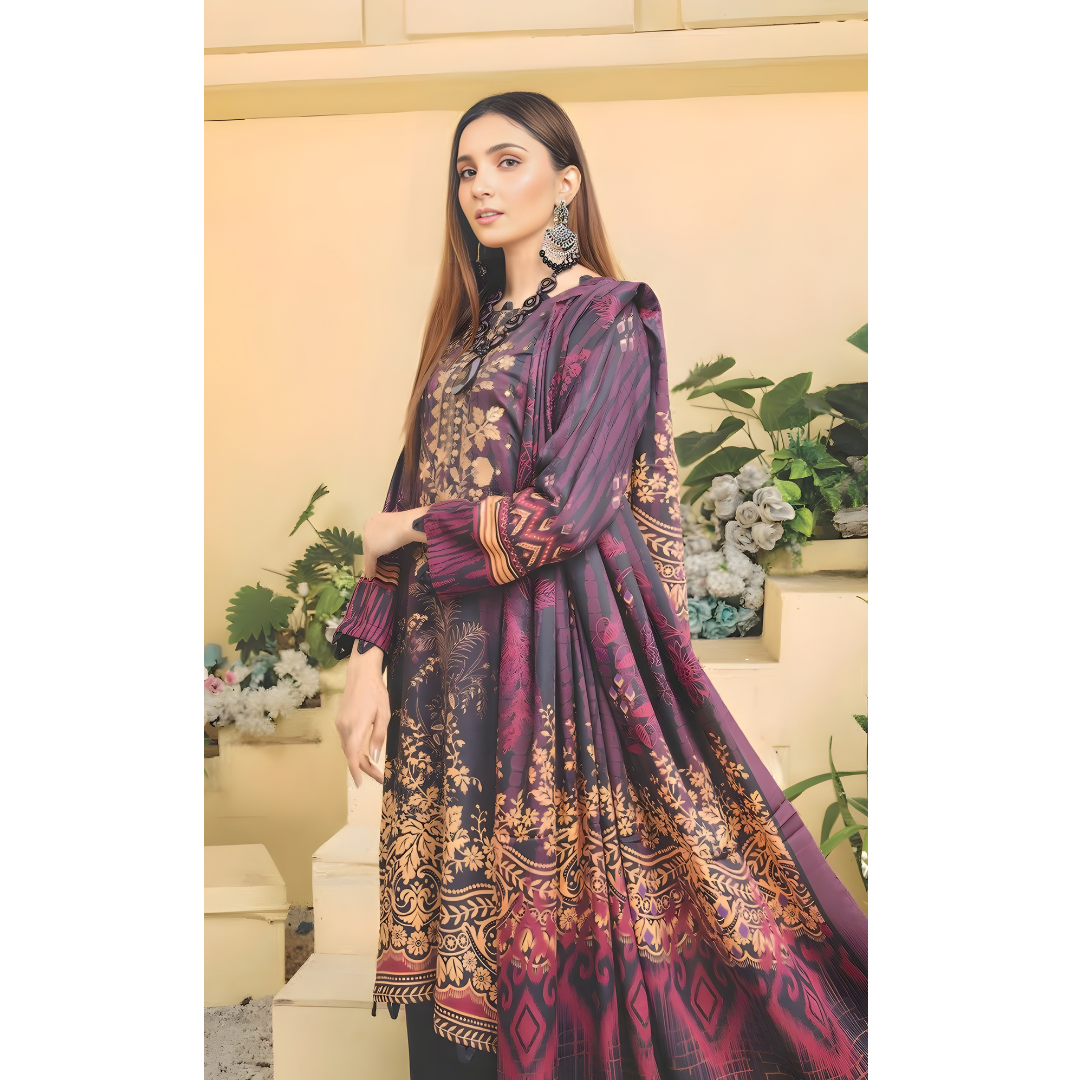 Dziris Plum Gold Digital Cotray Embroidered Unstitched 3-Piece Suit