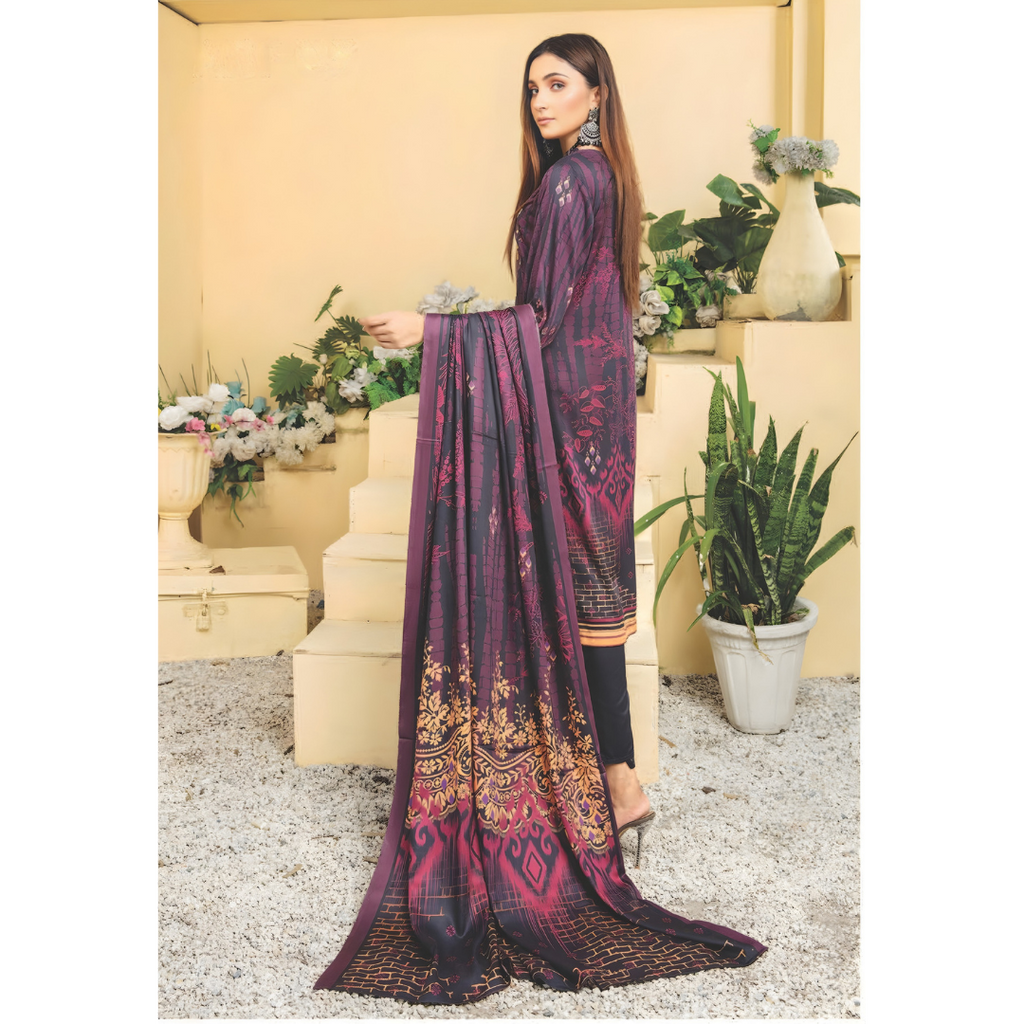 Dziris Plum Gold Digital Cotray Embroidered Unstitched 3-Piece Suit