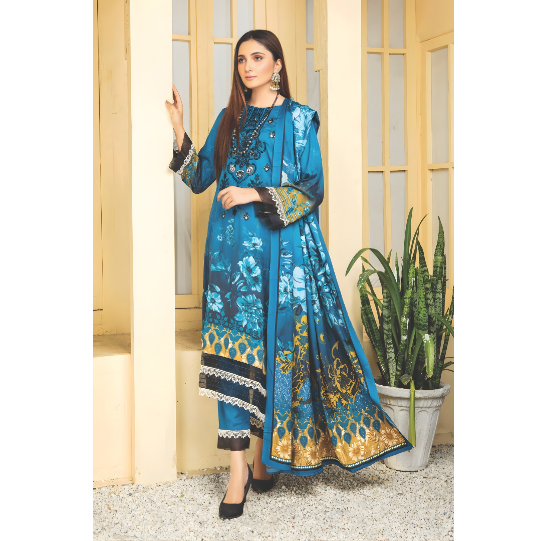 Dziris Teal Majesty Digital Cotray Embroidered Unstitched 3-Piece Suit