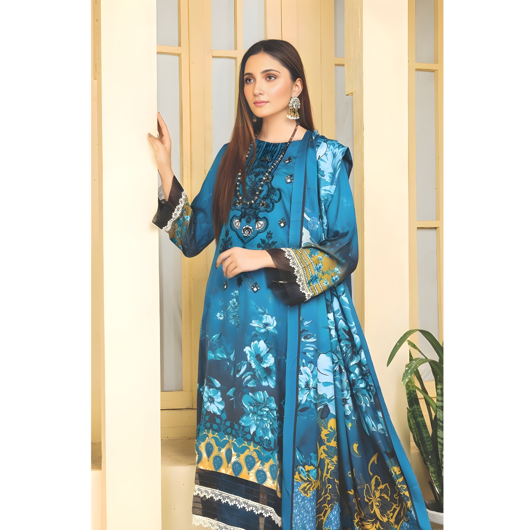 Dziris Teal Majesty Digital Cotray Embroidered Unstitched 3-Piece Suit
