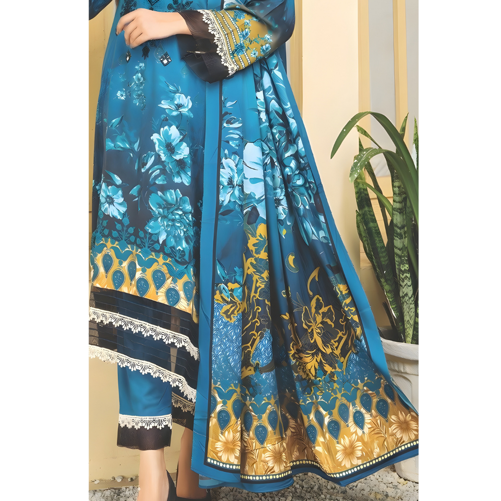 Dziris Teal Majesty Digital Cotray Embroidered Unstitched 3-Piece Suit