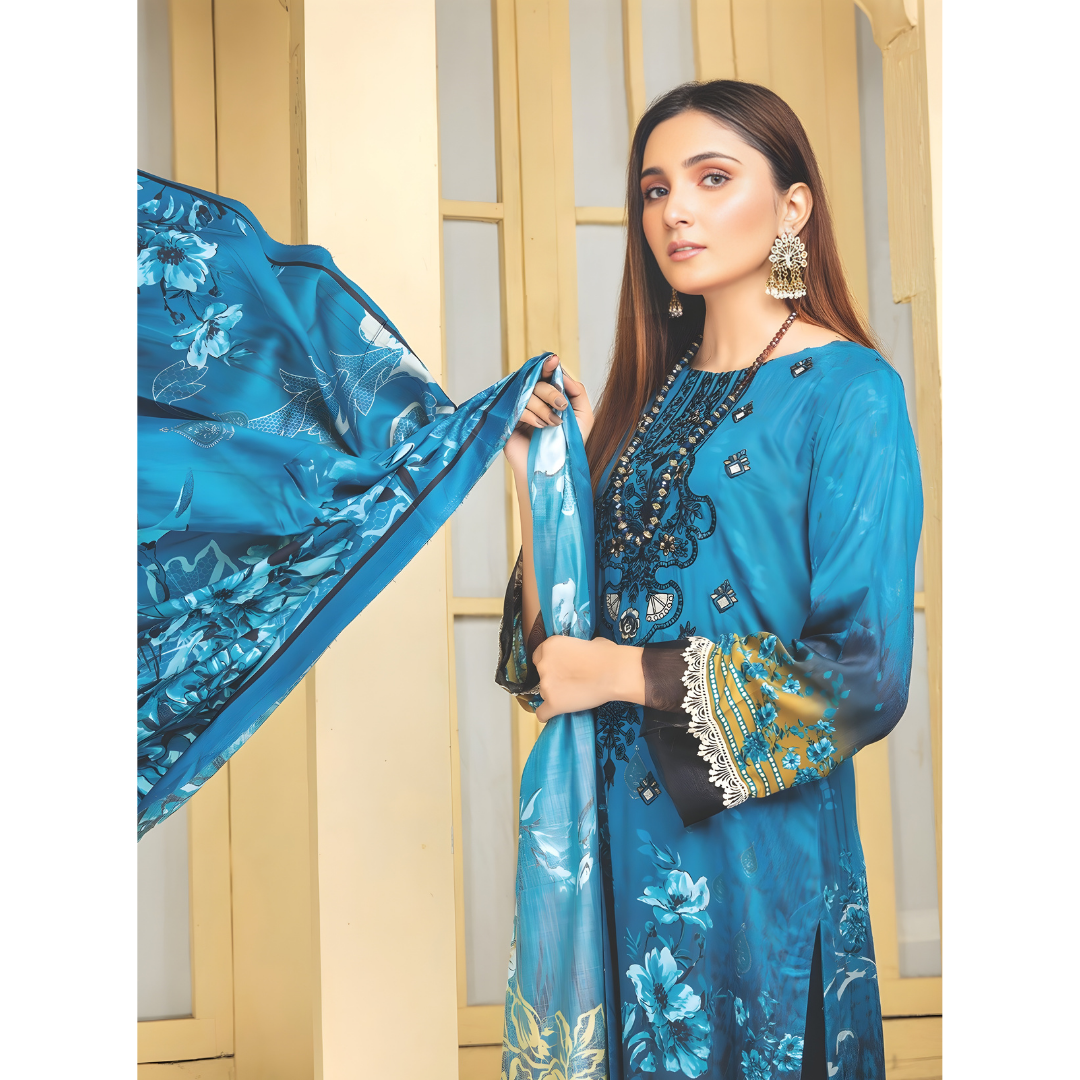 Dziris Teal Majesty Digital Cotray Embroidered Unstitched 3-Piece Suit