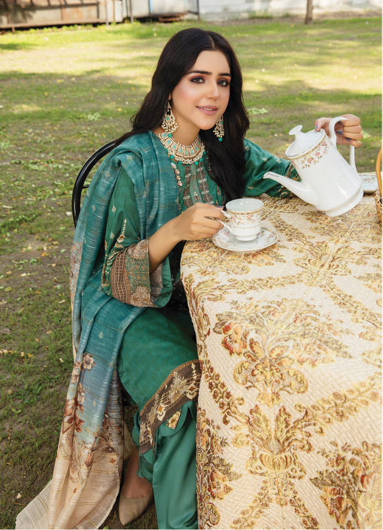 Emerald Green Digital Viscose Embroidered 3-Piece Unstitched Suit