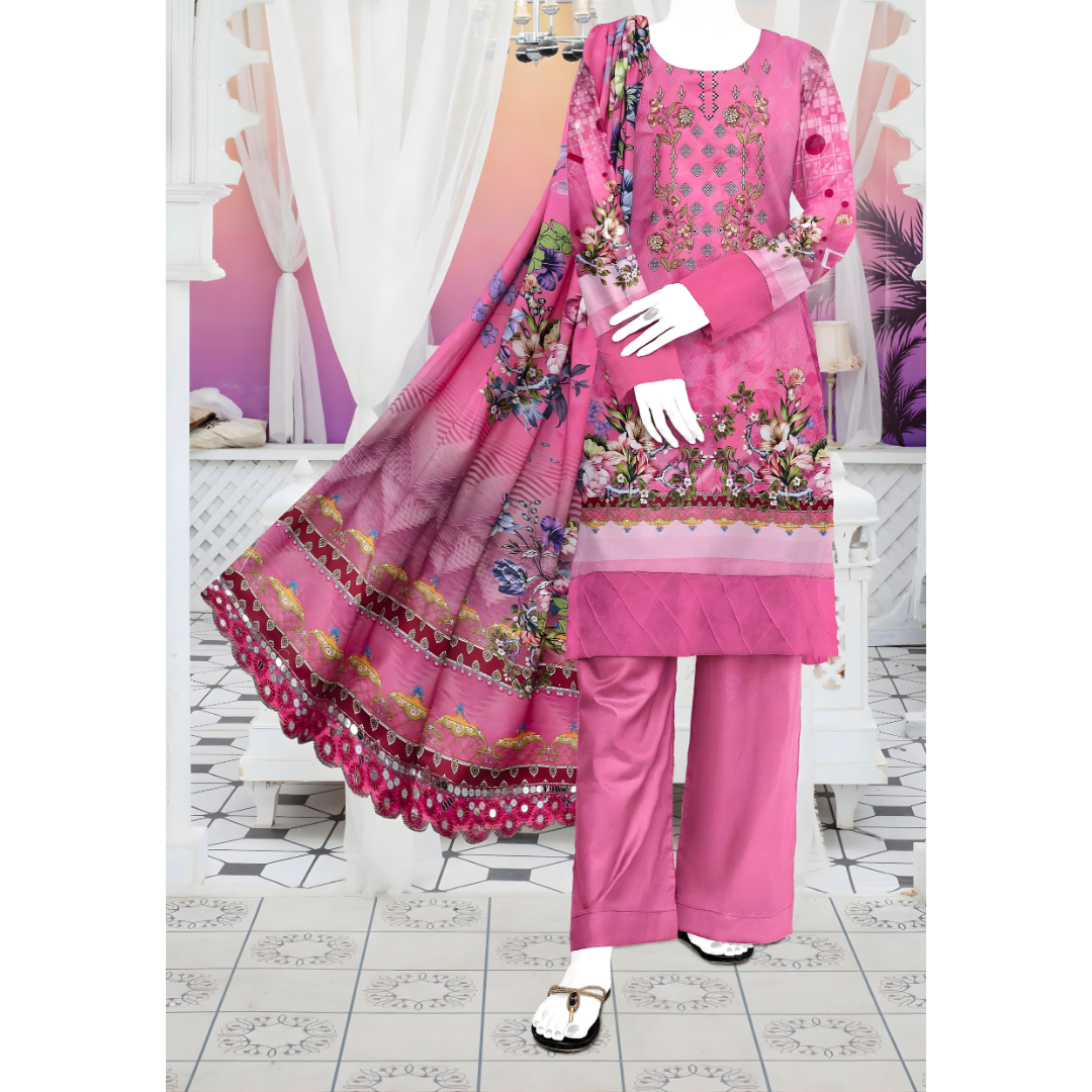 Dziris Blossom Pink Digital Kotrai Embroidered Unstitched 3-Piece Suit
