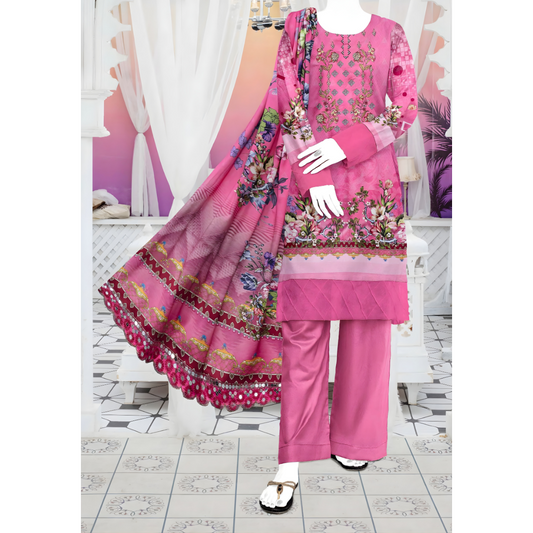 Dziris Blossom Pink Digital Kotrai Embroidered Unstitched 3-Piece Suit