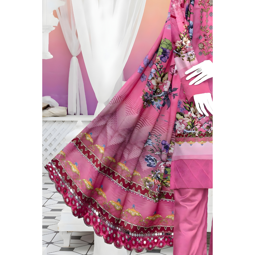 Dziris Blossom Pink Digital Kotrai Embroidered Unstitched 3-Piece Suit