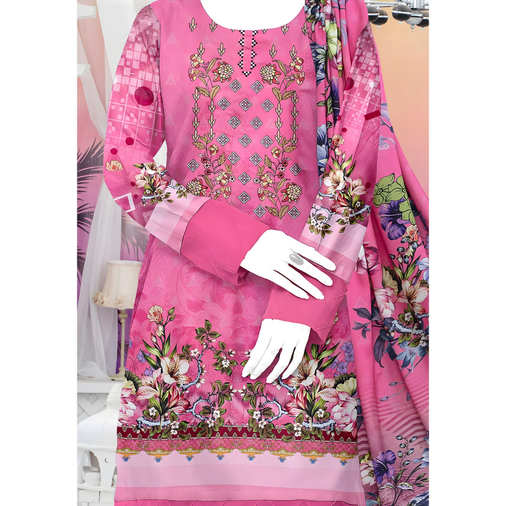 Dziris Blossom Pink Digital Kotrai Embroidered Unstitched 3-Piece Suit