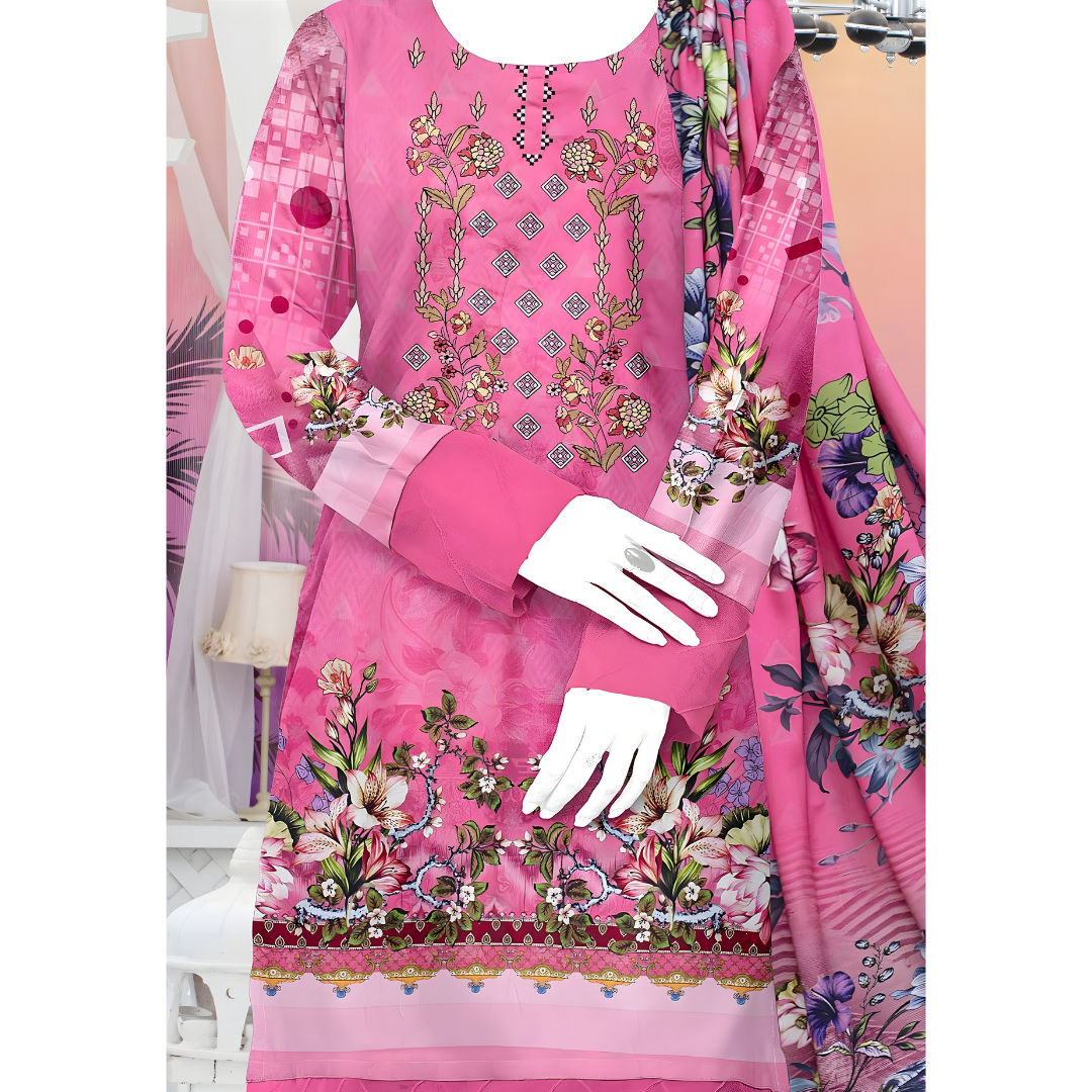 Dziris Blossom Pink Digital Kotrai Embroidered Unstitched 3-Piece Suit
