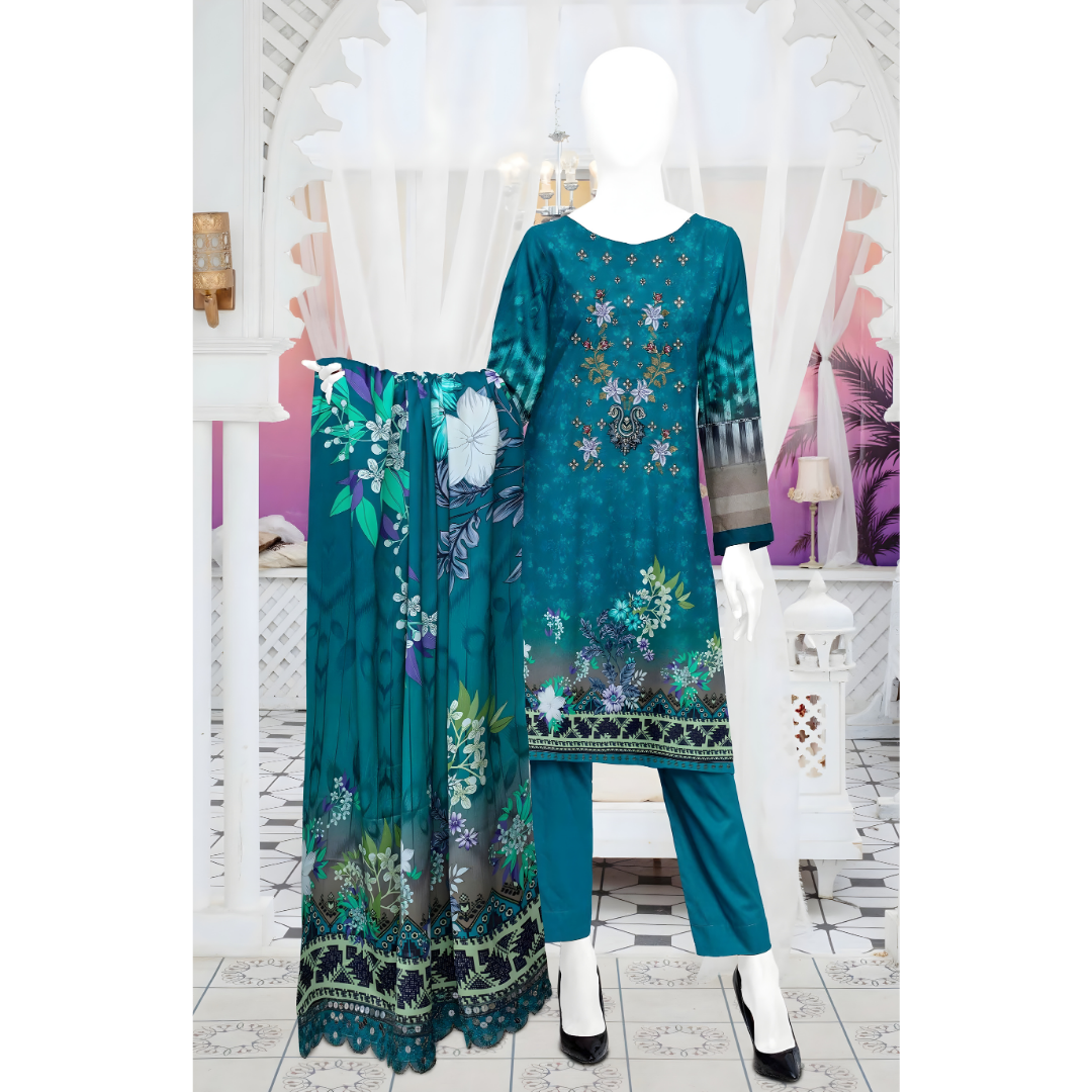 Dziris Ocean Bloom Digital Kotrai Embroidered Unstitched 3-Piece Suit