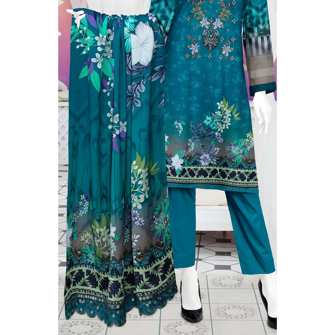 Dziris Ocean Bloom Digital Kotrai Embroidered Unstitched 3-Piece Suit