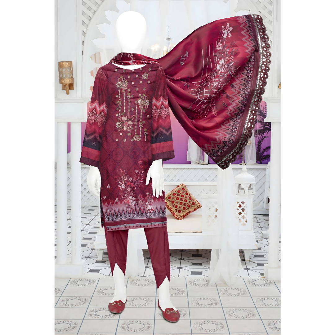 Dziris Ruby Charm Digital Kotrai Embroidered Unstitched 3-Piece Suit