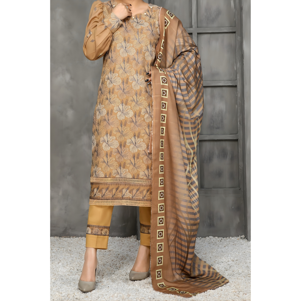 Dziris Mocha Bloom Digital Khaddar 3-Piece Suit