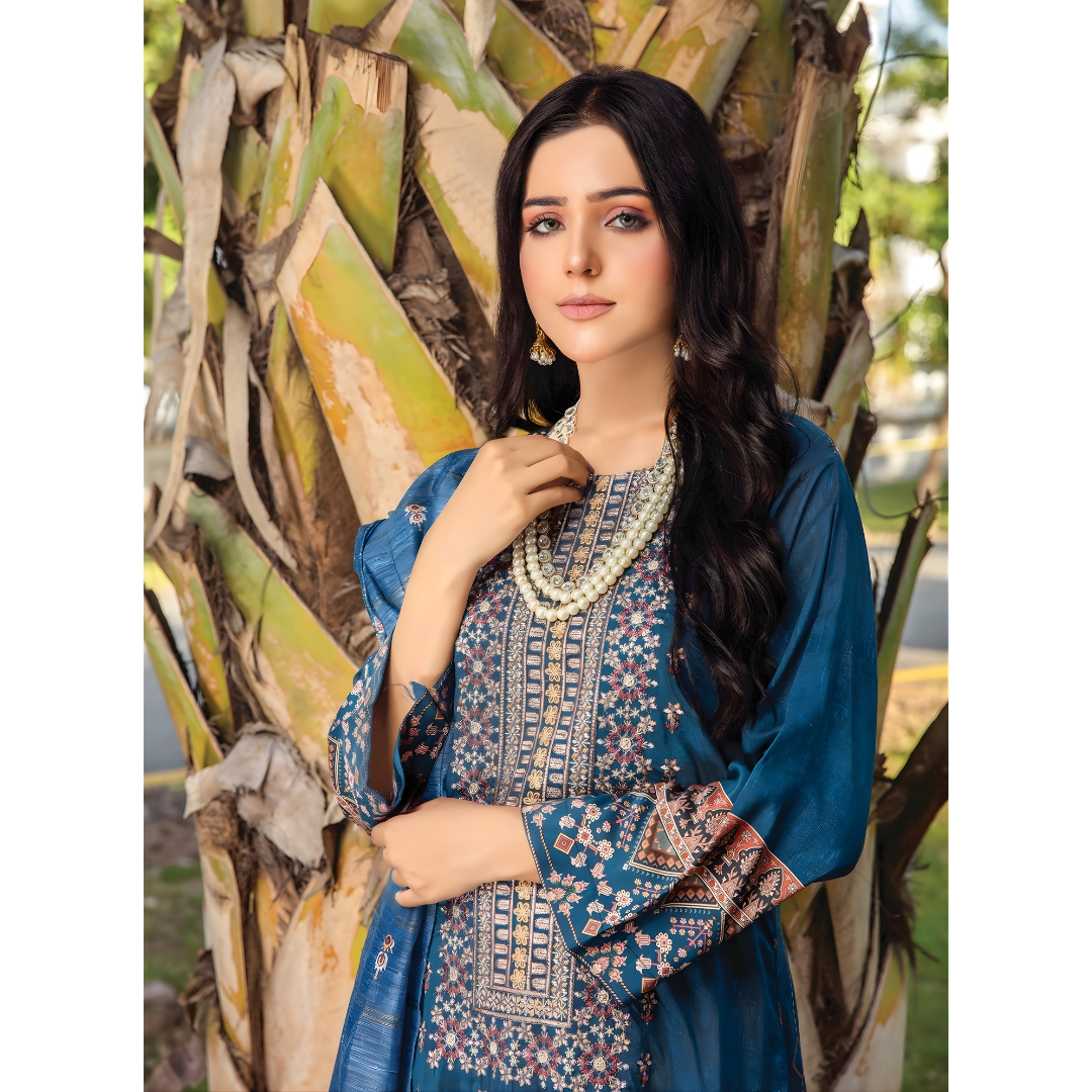 Teal Blue Digital Viscose Embroidered Unstitched 3-Piece Suit