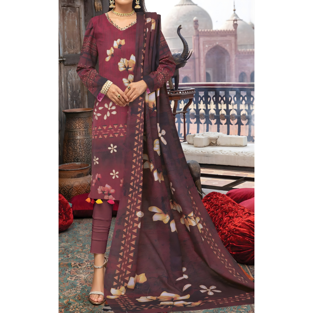 Dziris Maroon Blossom Digital Khaddar 3-Piece Suit