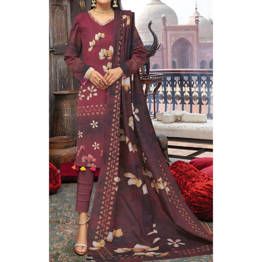 Dziris Maroon Blossom Digital Khaddar 3-Piece Suit