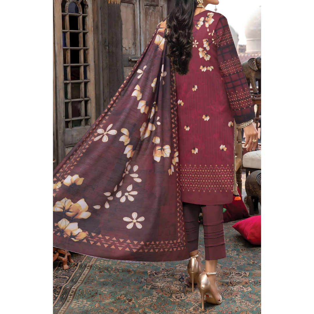 Dziris Maroon Blossom Digital Khaddar 3-Piece Suit