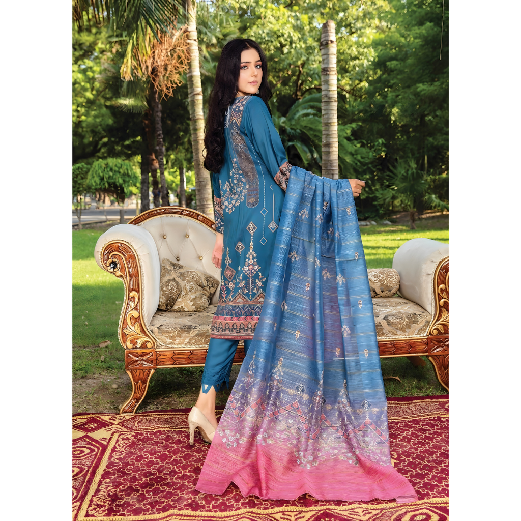 Teal Blue Digital Viscose Embroidered Unstitched 3-Piece Suit