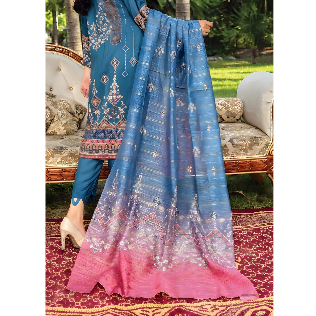 Teal Blue Digital Viscose Embroidered Unstitched 3-Piece Suit