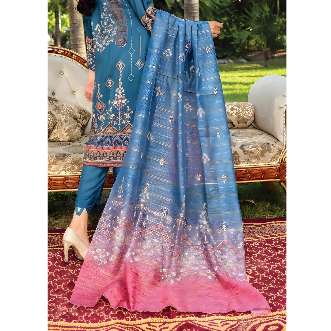 Teal Blue Digital Viscose Embroidered Unstitched 3-Piece Suit