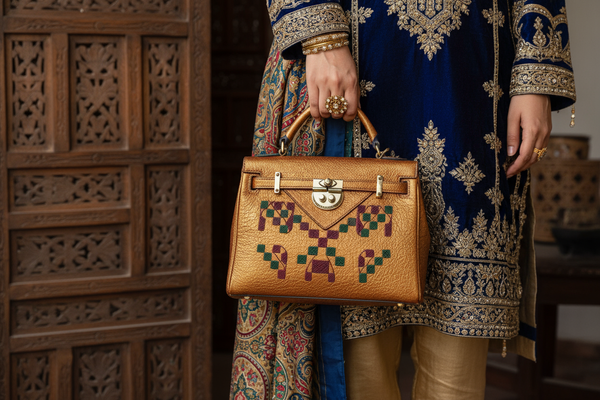 a Pakistani woman wearing a handbag. closeup