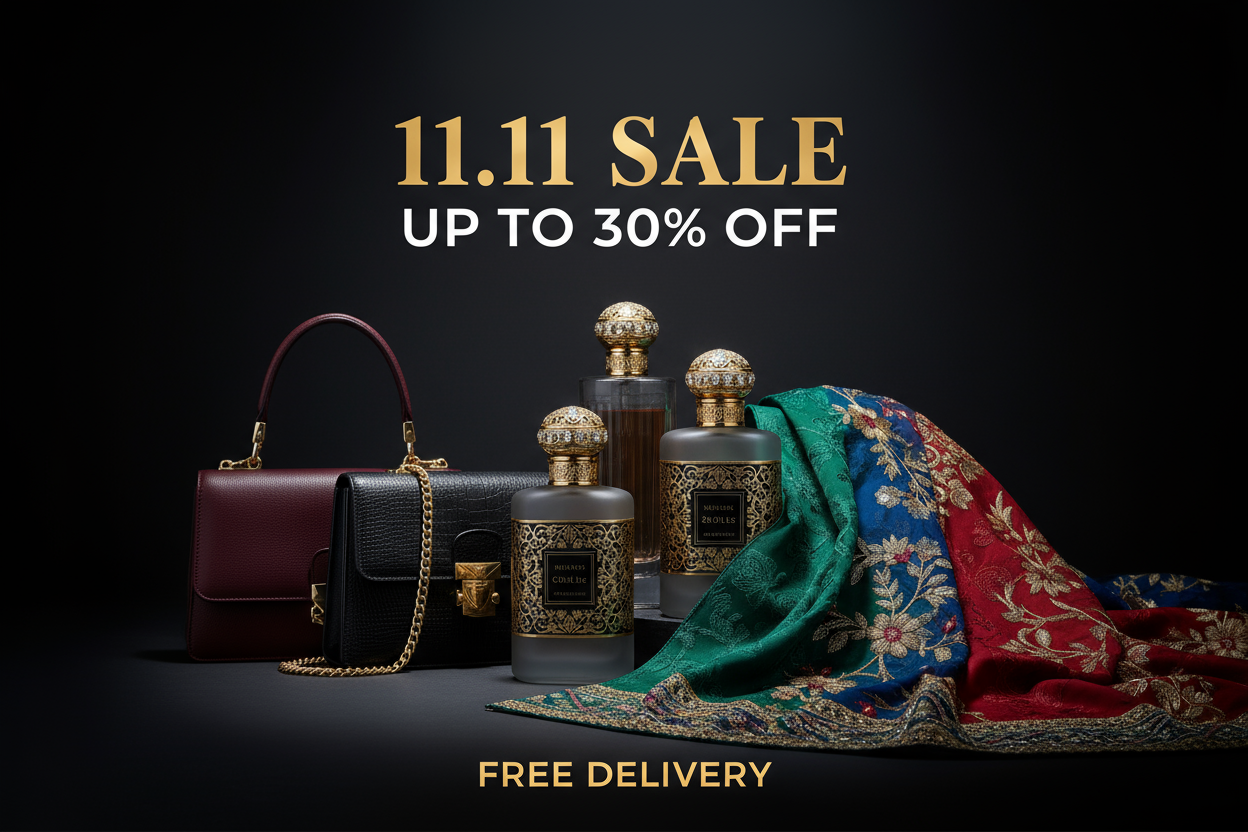 a professional banner for 11 11 sale. upto 30% off. free delivery. pakistani Perfumes, women bags and clothes. dark color banner. profeessional and ultra realistci